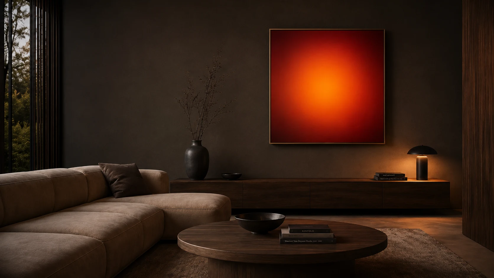Dark Japandi living room with Aura Sunset mounted on the wall