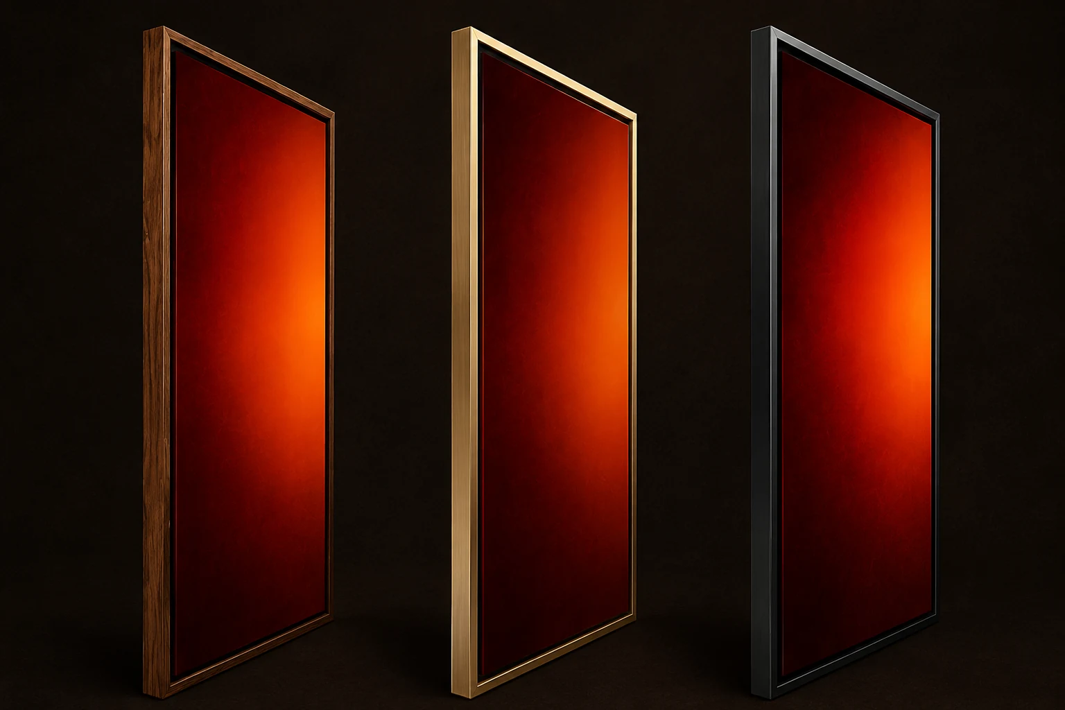 Three identical thin frame views in Wood Grain, Gold and Black